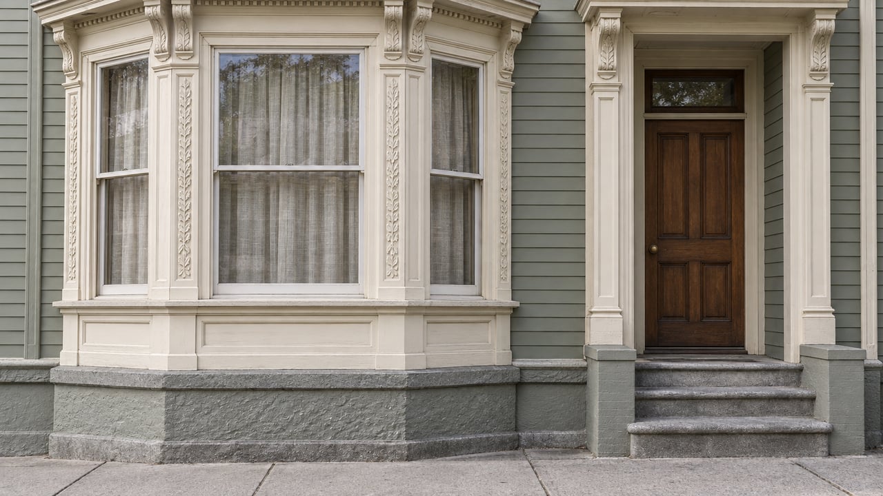 Sage-painted timber home with ivory bay-window trim, a recessed oak door, and worn gray stone entry steps.