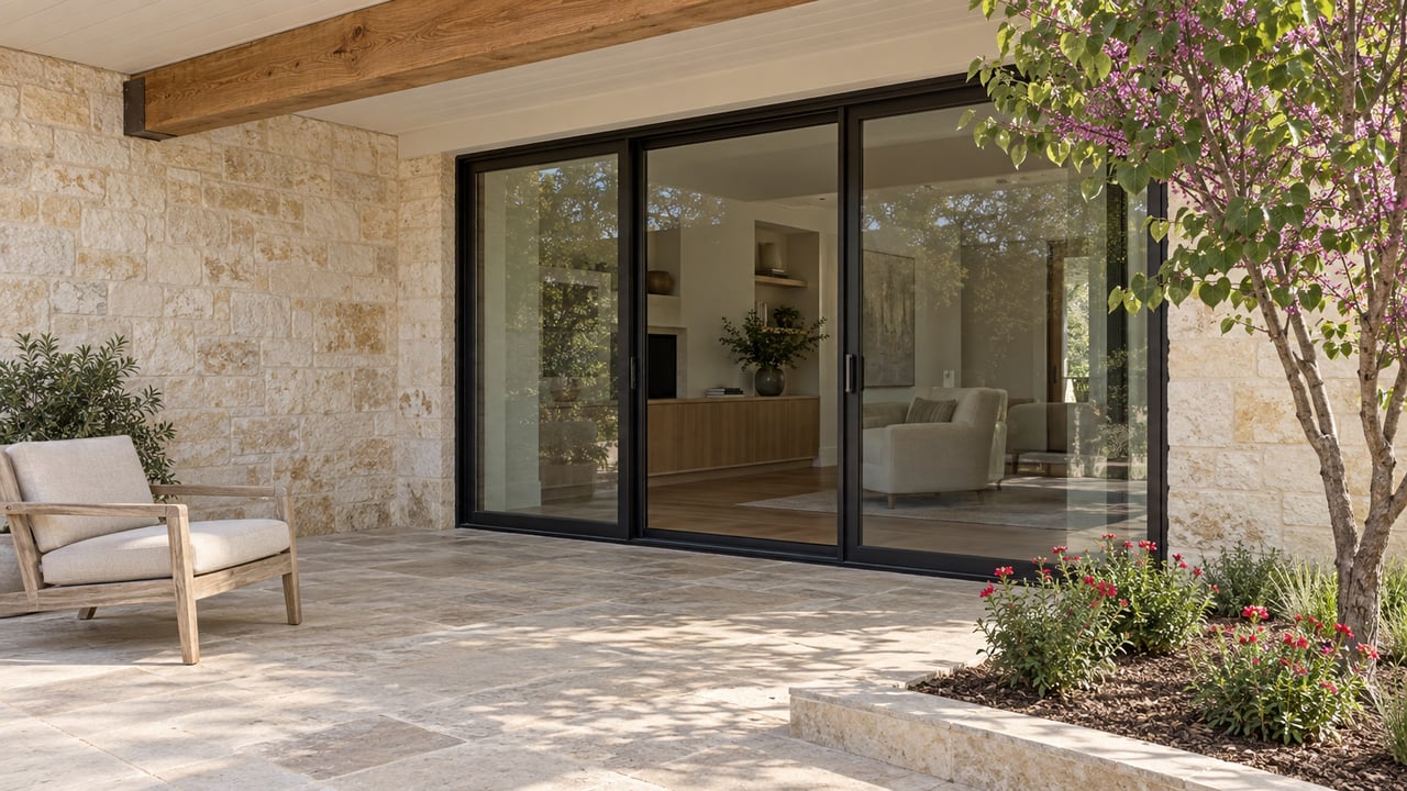 Limestone-covered patio with a weathered teak chair, oak beam and closed black-framed glass doors opening visually into a bright living room.