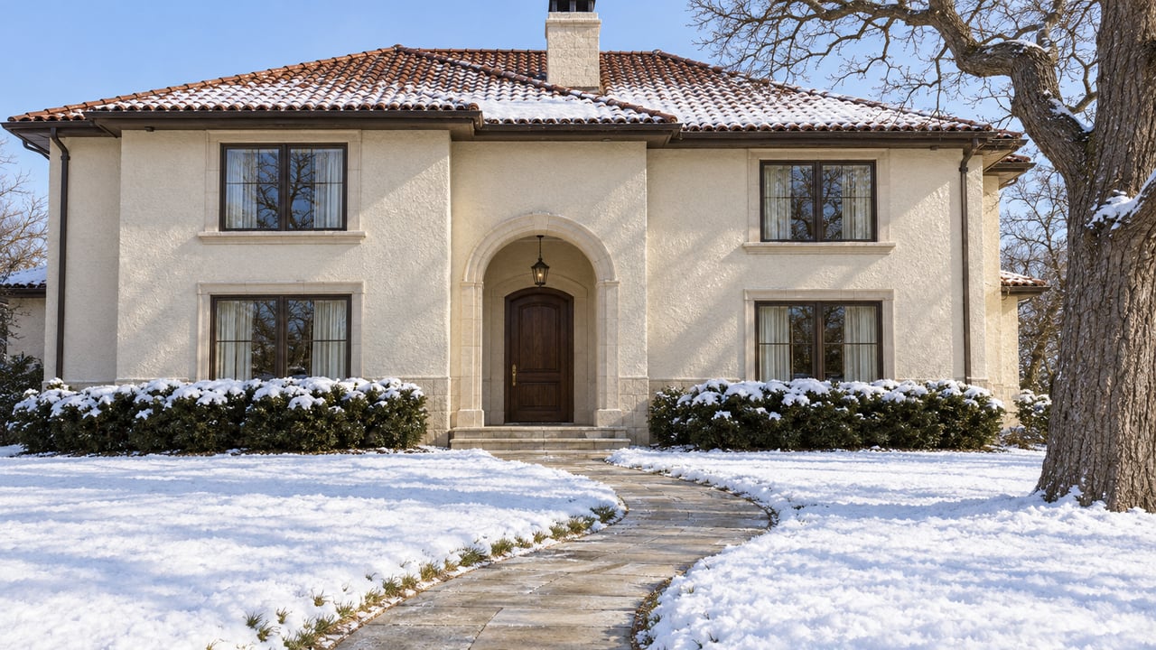 Cream stucco home with a red clay tile roof, arched oak entrance and curved stone walk crossing a snow-covered front lawn.