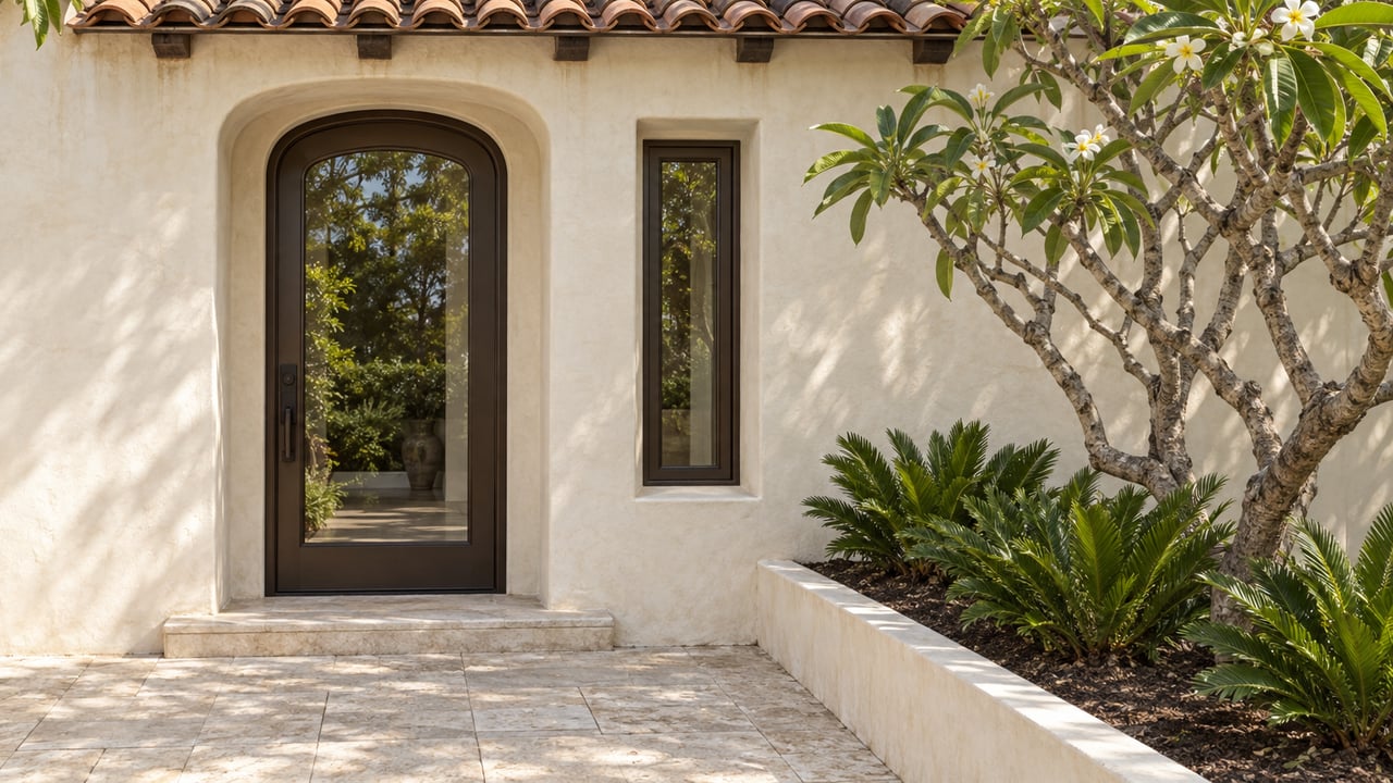 Ivory stucco arched entry with a dark bronze door, limestone approach, and plumeria in a planter.