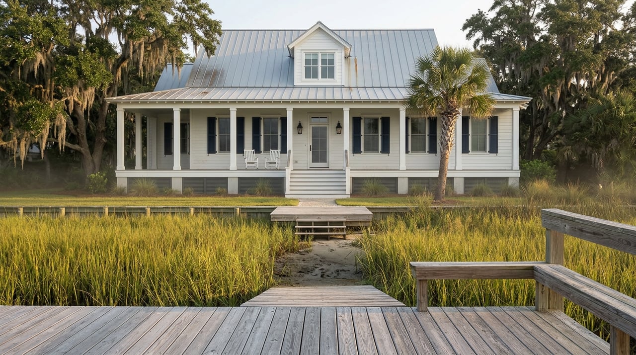 White waterfront home with deep porch beyond golden marsh grass, viewed from weathered dock.