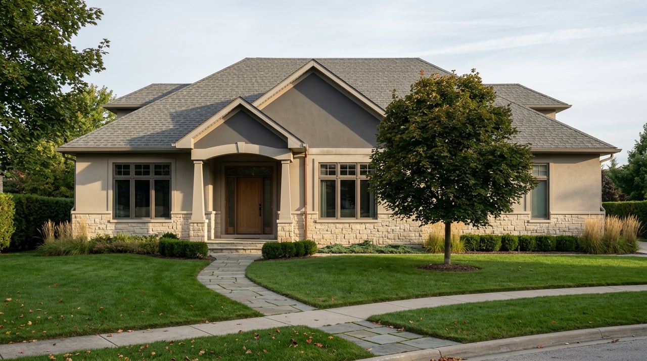 Two-story suburban home with limestone and stucco facade, covered entry, and curved flagstone walk across a broad lawn.