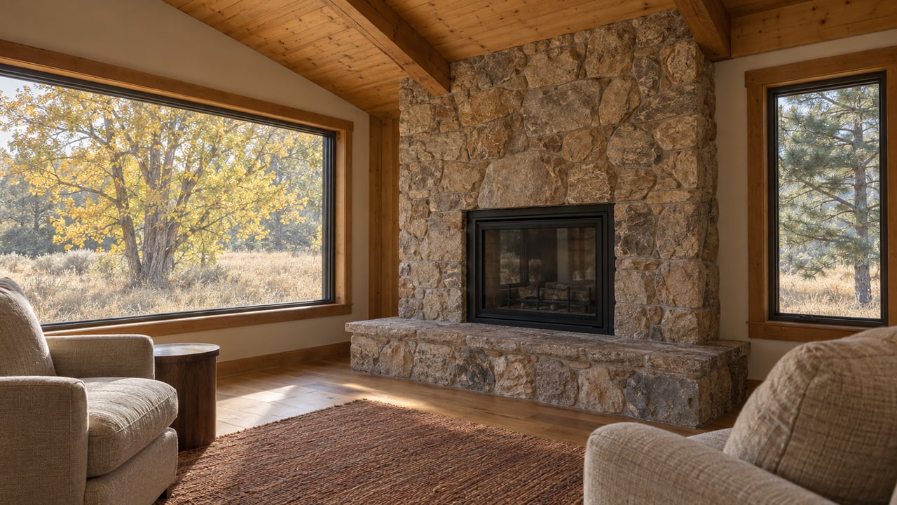 Timber-ceiling living room with a tan stone hearth, wool chairs and autumn trees seen through sealed picture windows.
