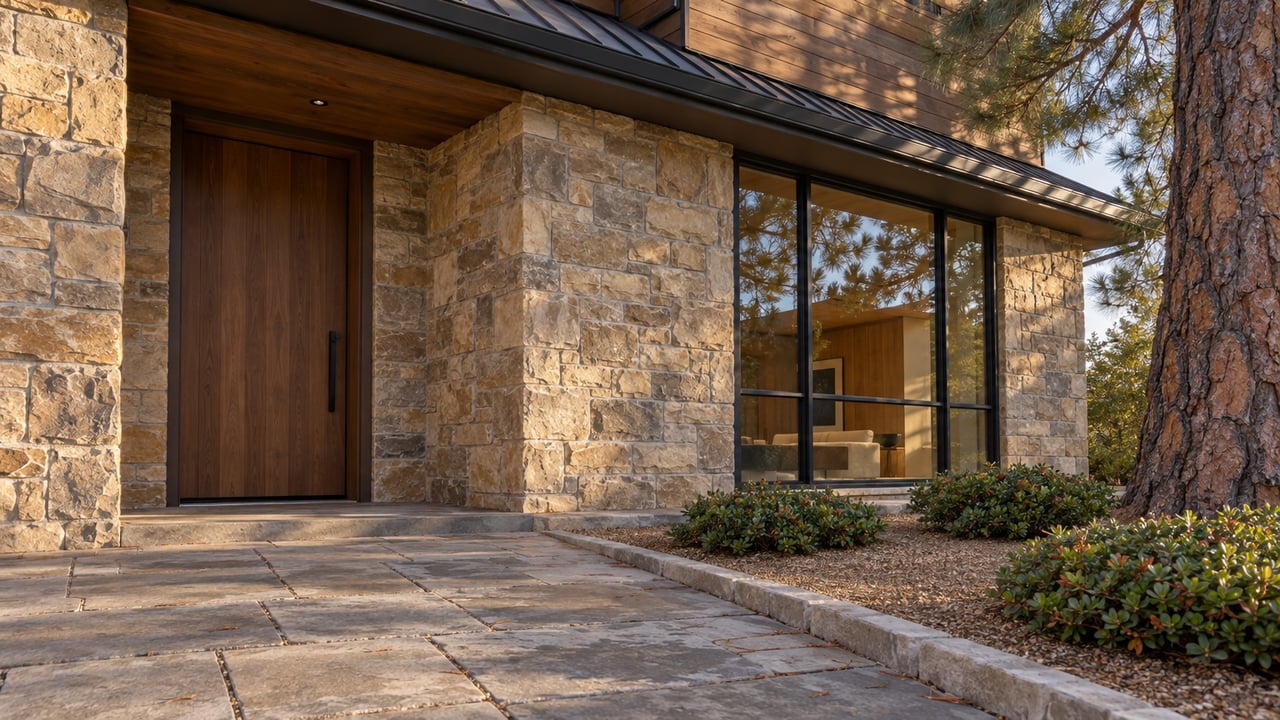 Mountain home entry with buff sandstone, wood siding, recessed door, glazed window, and pine tree.