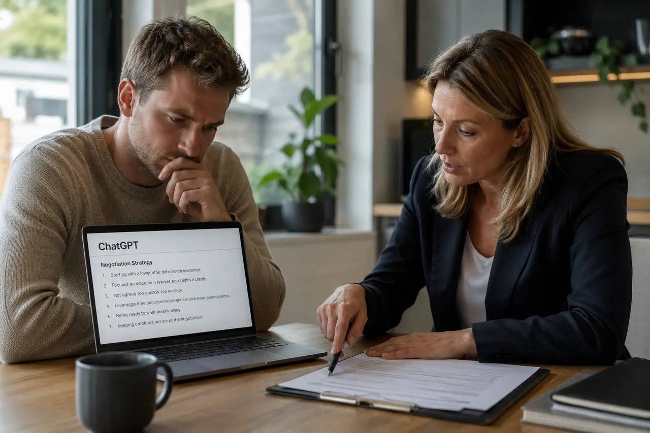 Buyer using ChatGPT for real estate negotiation advice while a licensed Realtor reviews a purchase contract.