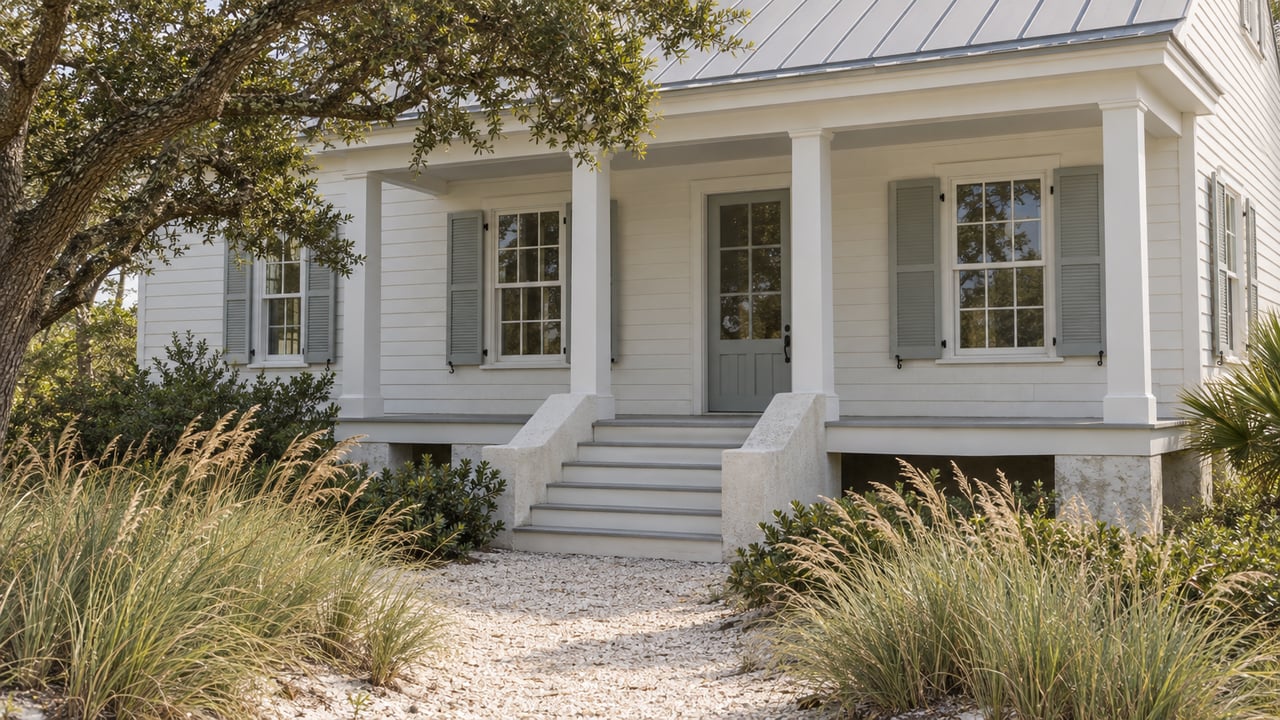 White clapboard coastal house with a covered entry, raised porch, shell-chip path, and dune grasses.