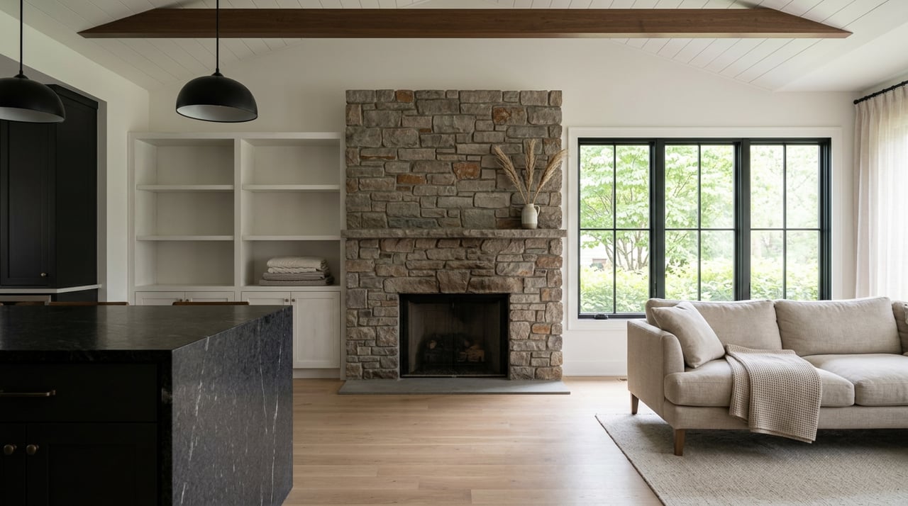 Open-plan great room with a stacked-stone fireplace, white built-ins, black-framed windows, and a vaulted ceiling.