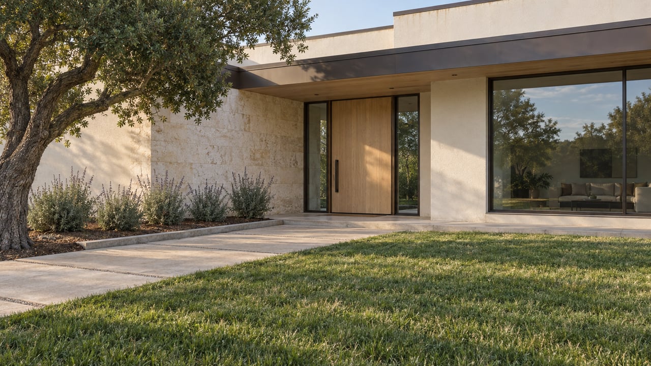 Sunlit contemporary home with cream stucco, limestone entry, bronze-framed windows and a deep lawn beside a mature oak.