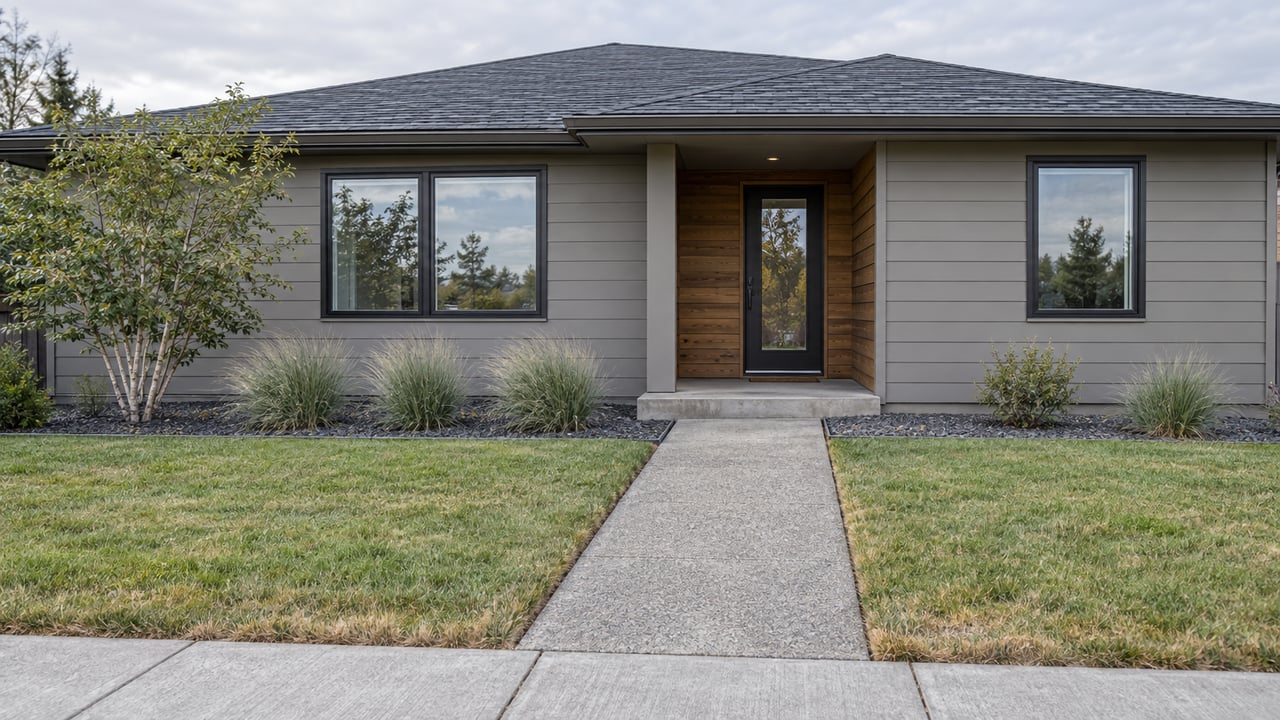 Gray-sided single-story home with recessed wood-lined entry, paired windows, and concrete walk through planted beds.