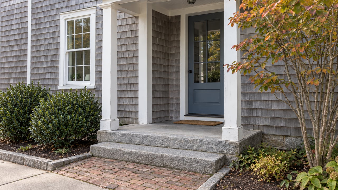 Weathered cedar-shingle home with a glazed blue-gray entry door, granite steps, brick walk, and coppering serviceberry.