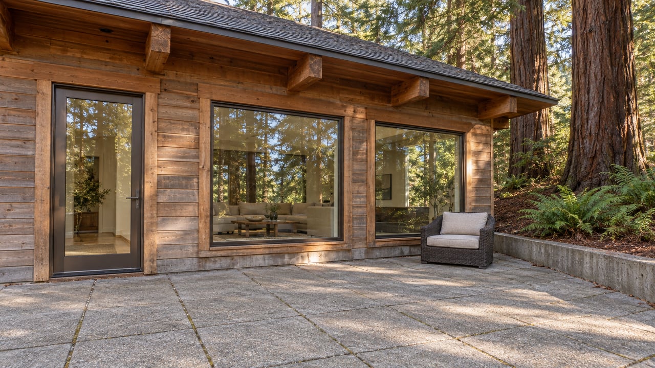 Weathered cedar home with large timber-trimmed windows, a broad paved terrace, and mature redwoods.