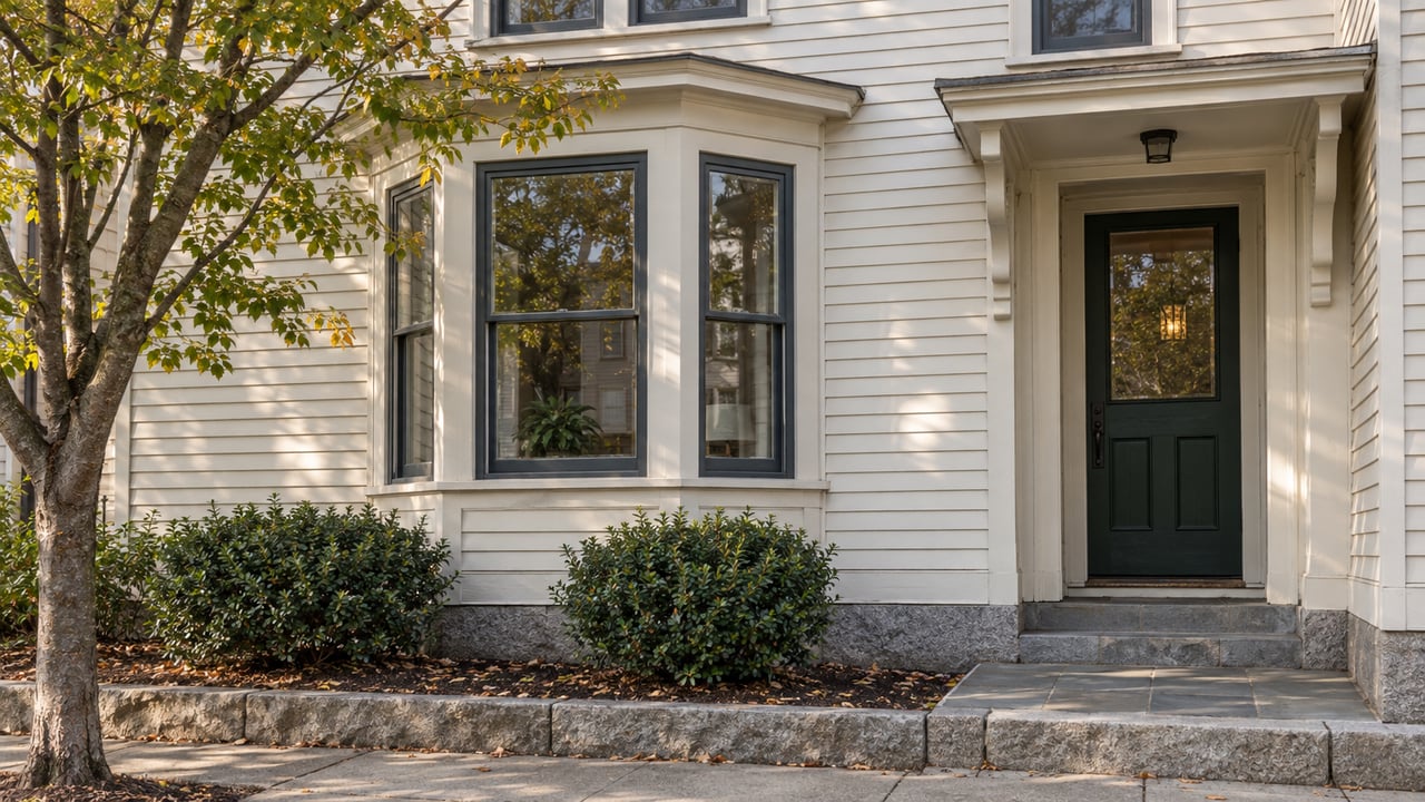 Off-white clapboard facade with a projecting bay window, recessed green entry, and small autumn planting bed.