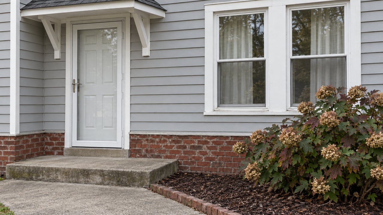 Close view of a light-gray sided home’s white entrance, paired windows, brick foundation and concrete step beside an oakleaf hydrangea.