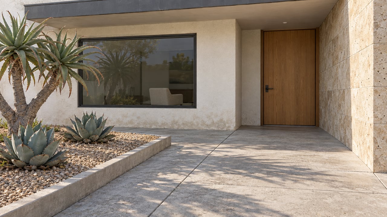 Morning light on a sandy stucco home entrance with a shaded oak door, limestone wall, concrete terrace and sculptural aloe planting.