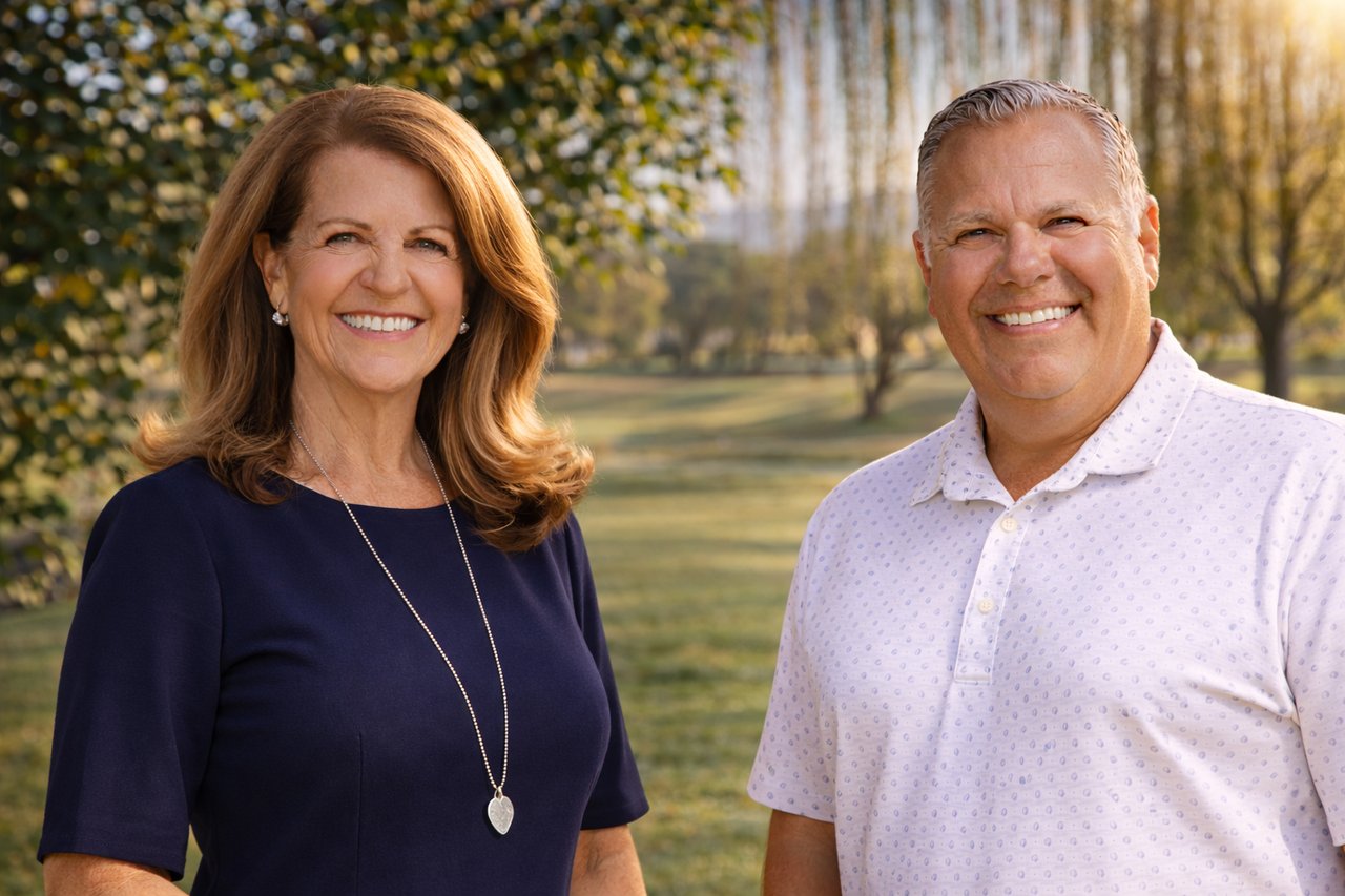 Two smiling real estate agents pose outdoors against a leafy hedge and sunlit lawn.