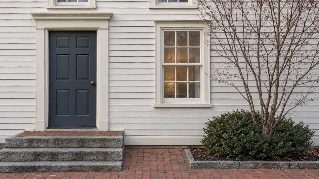 Historic clapboard facade with a charcoal-blue entry door, granite steps, sash window, and bare serviceberry.