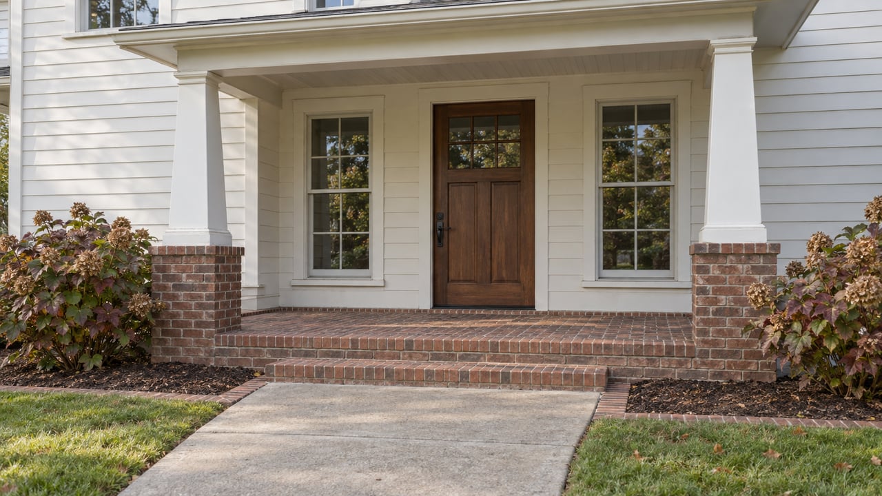 Brick steps and a weathered concrete approach lead to a covered entry with a wood door, grid-pane windows and autumn oakleaf hydrangeas.
