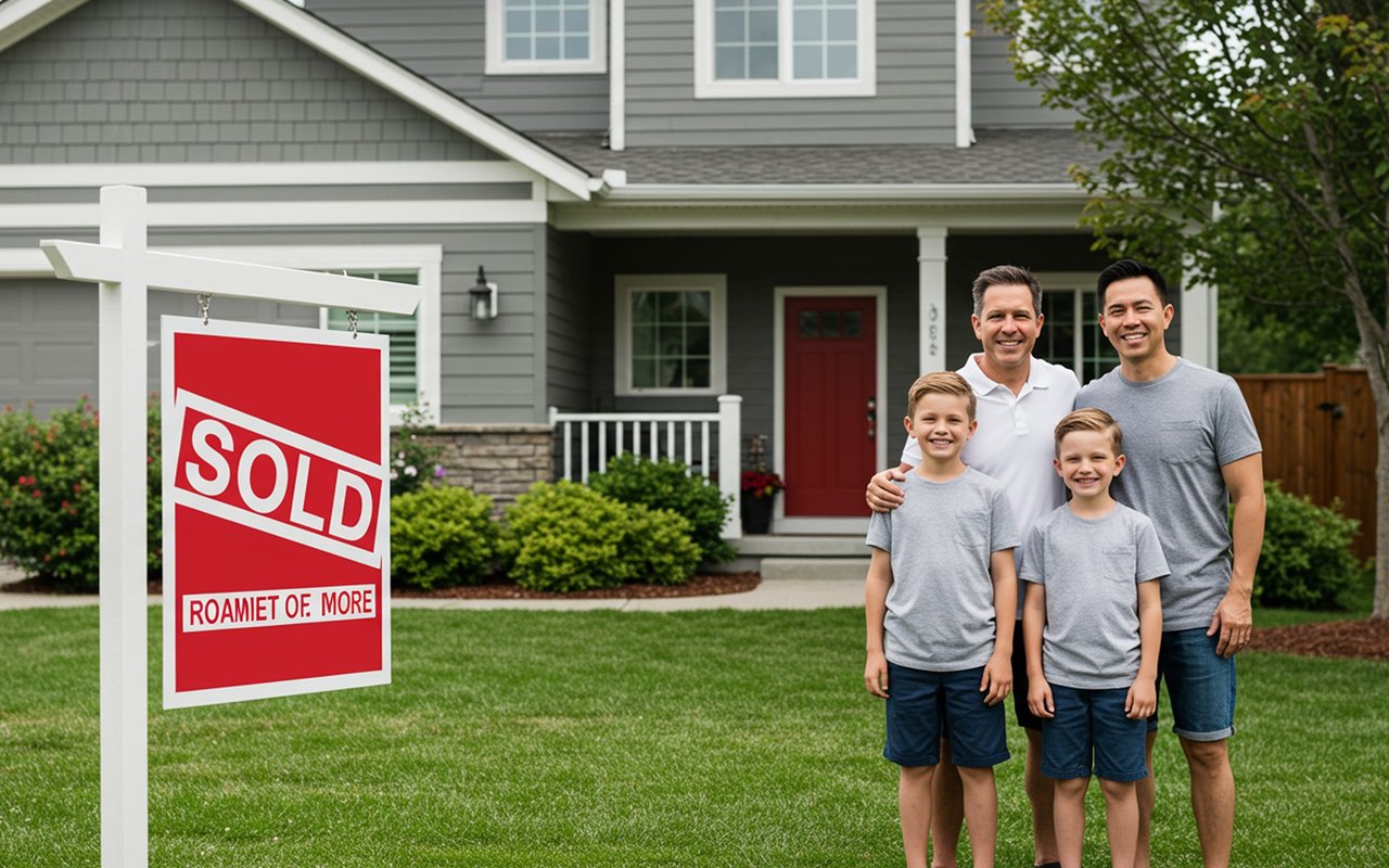 Gray two-story home with a red door and a SOLD sign, alongside a smiling family.