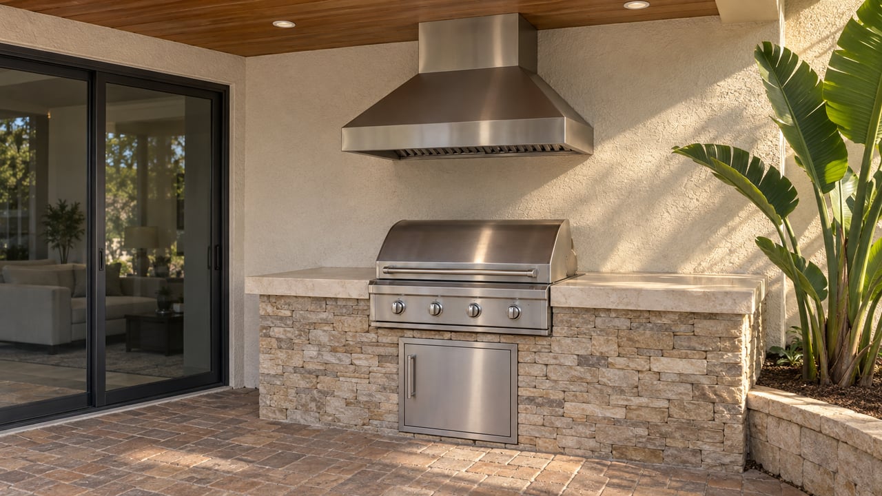 Covered home terrace with a stainless built-in grill, buff stacked-stone base, pale stone counter and wood-plank ceiling beside closed sliding glass doors.
