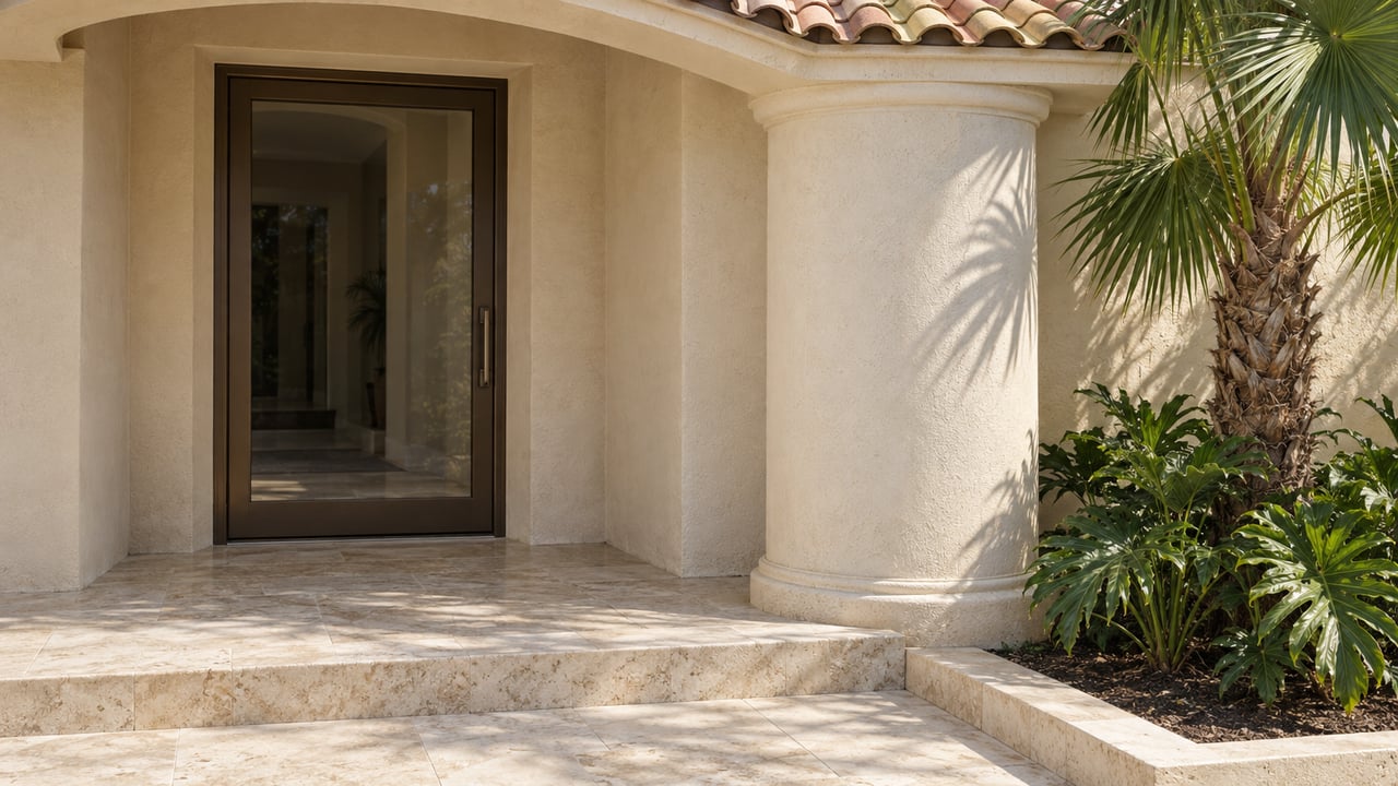 Sunlit ivory stucco entrance with a bronze-framed glass door, cream limestone steps and a fan palm beside a planted bed.