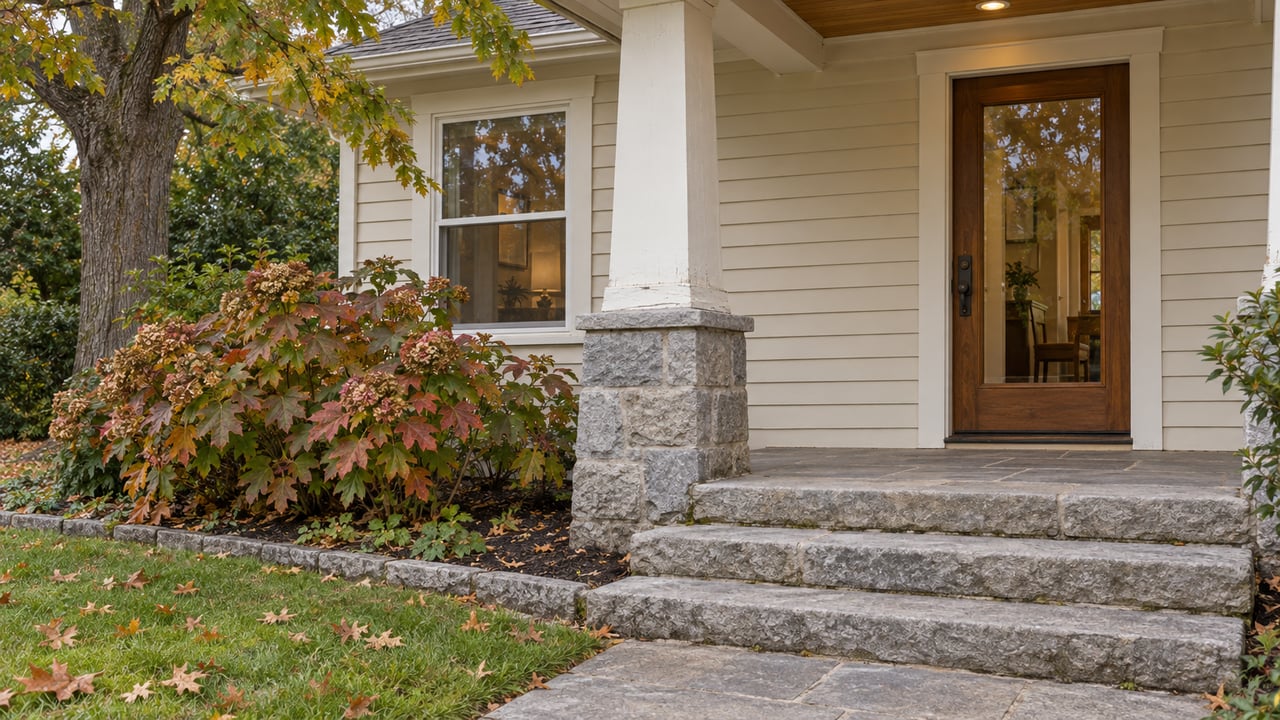 Bungalow porch with a glazed door, stone steps, oak leaves, and a hydrangea beside the entry.