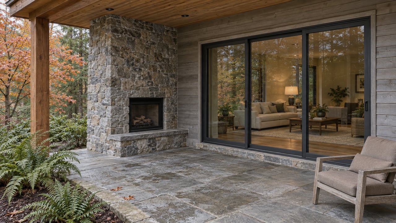Covered stone terrace beside a cedar-clad home, with a teak chair, autumn vine maple and warm living room behind closed glass doors.