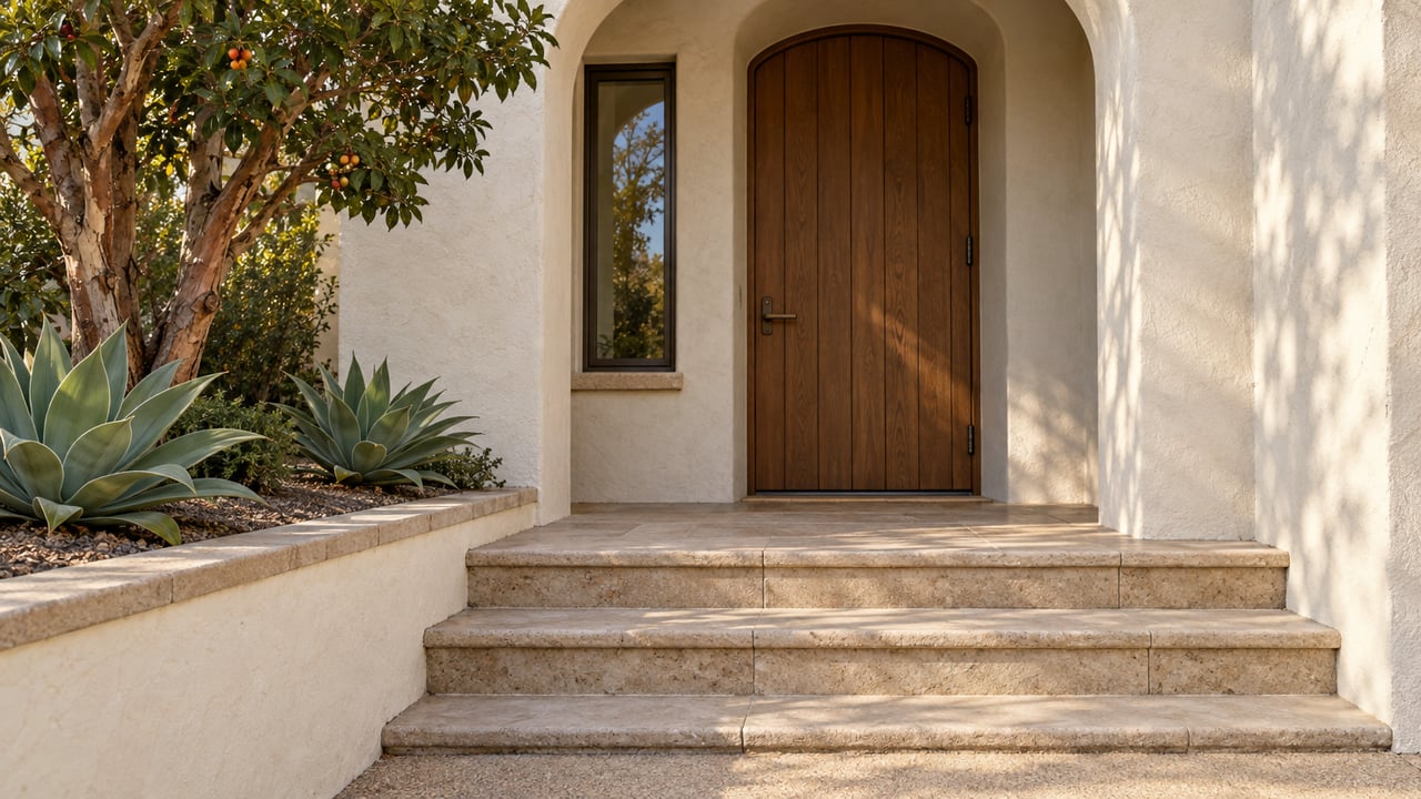 Warm-white stucco entrance with a closed oak door, sandstone steps and a retained bed containing a strawberry tree and two foxtail agaves.