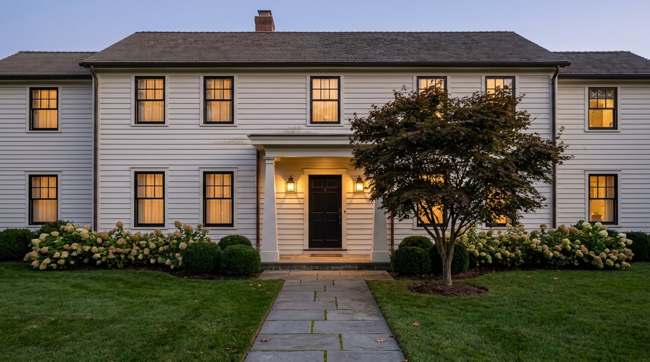 Two-story white home glowing at dusk, with a bluestone walkway, Japanese maple, and warm-lit entry.