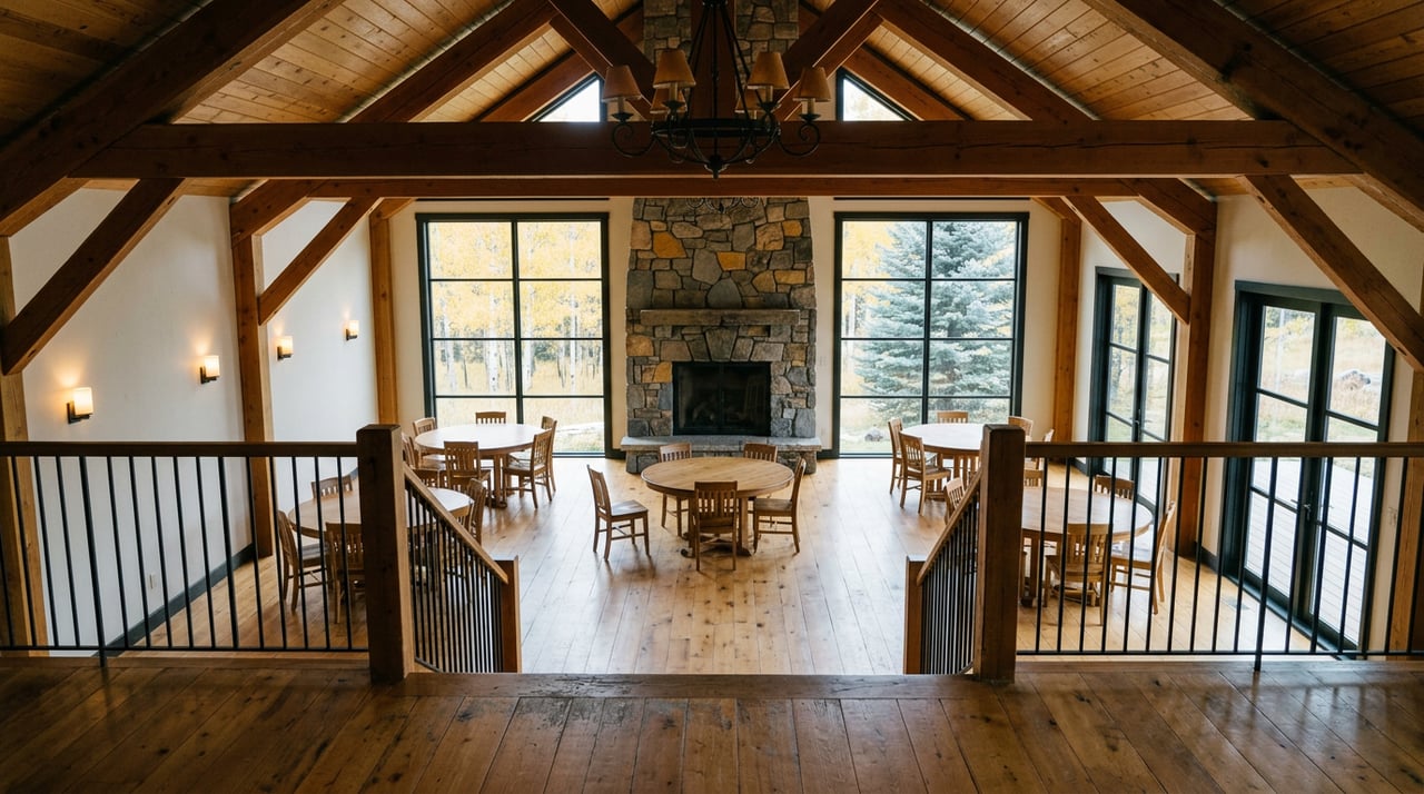 Empty timber dining hall with round tables, a stone fireplace, and golden aspens beyond tall windows.