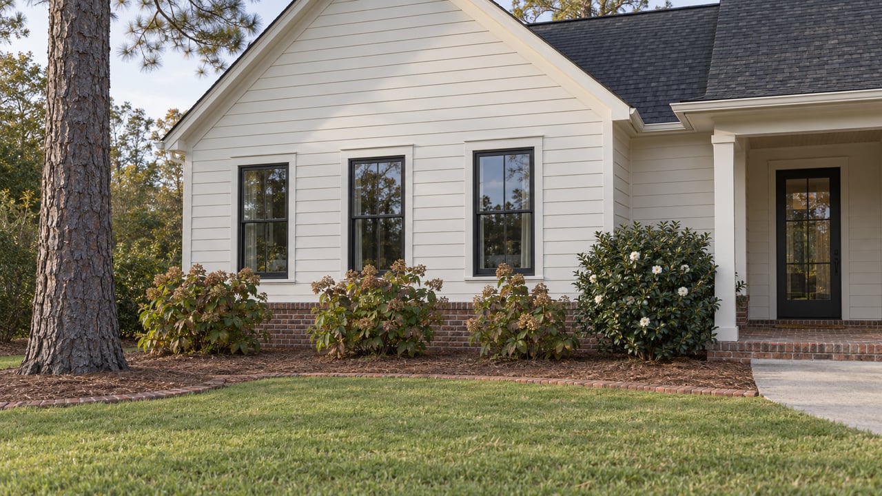Light-sided gabled house with dark-framed windows, a brick-based porch and a spacious lawn edged by flowering camellia and oakleaf hydrangeas.