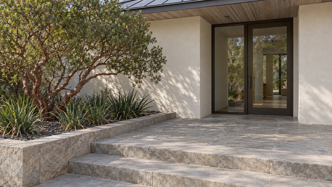 A recessed glazed entry in a pale plaster home, with broad stone steps beside a raised bed containing a sculptural manzanita and iris leaves.