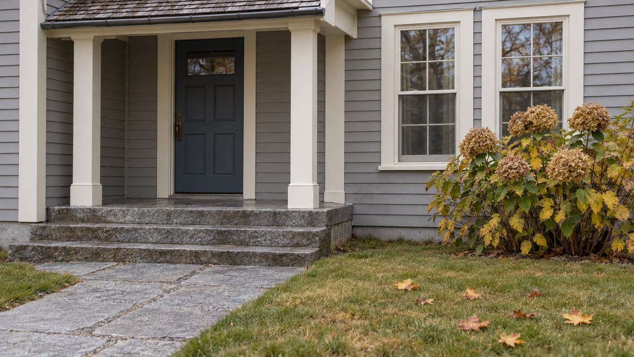 Gray clapboard cottage entry with granite steps, ivory porch posts, paired sash windows, and an autumn hydrangea beside the walk.