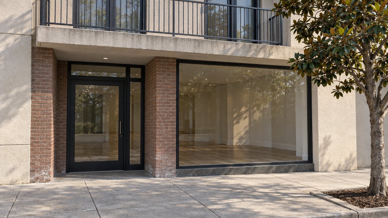 Light stucco condominium facade above a brick-lined glazed entrance, with a private balcony and a magnolia beside the sidewalk.