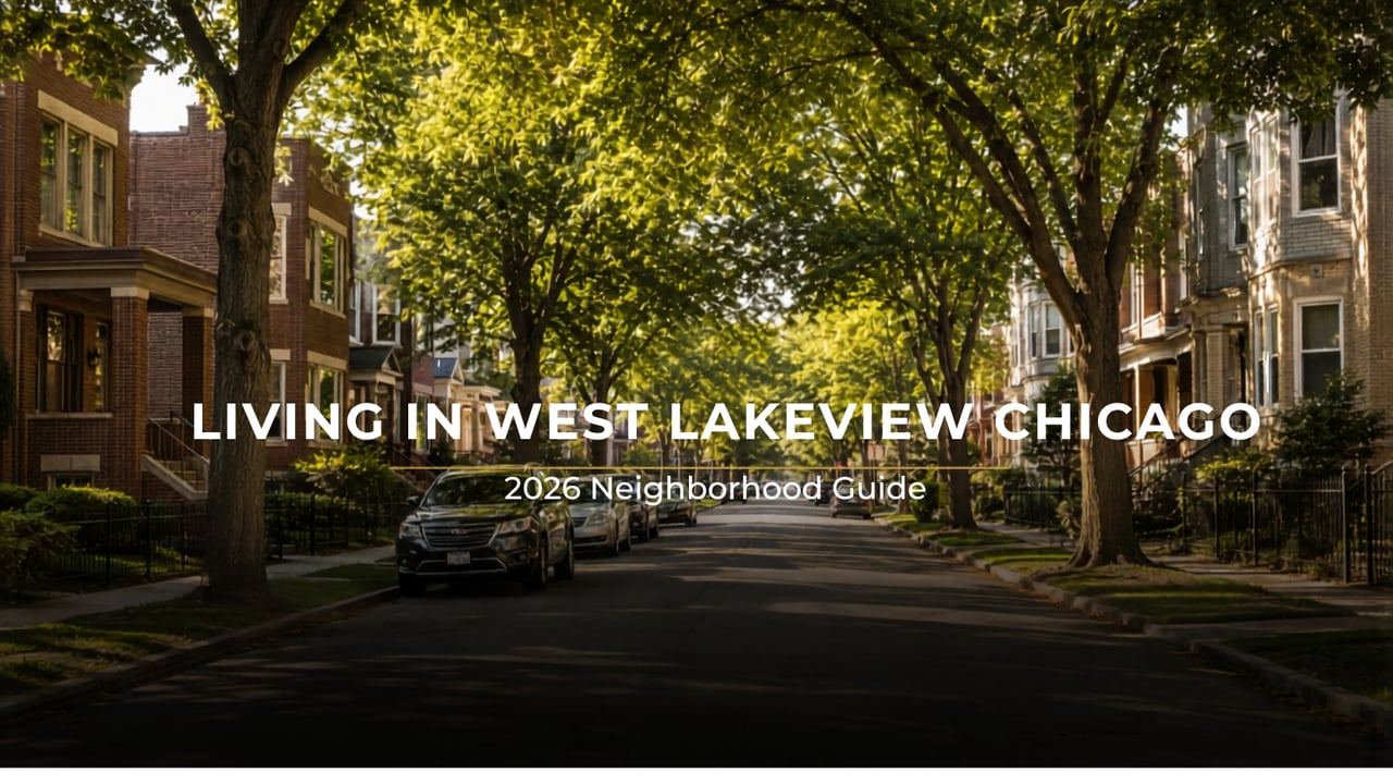 Quiet tree-lined residential street in West Lakeview Chicago with vintage brick homes and two-flats 