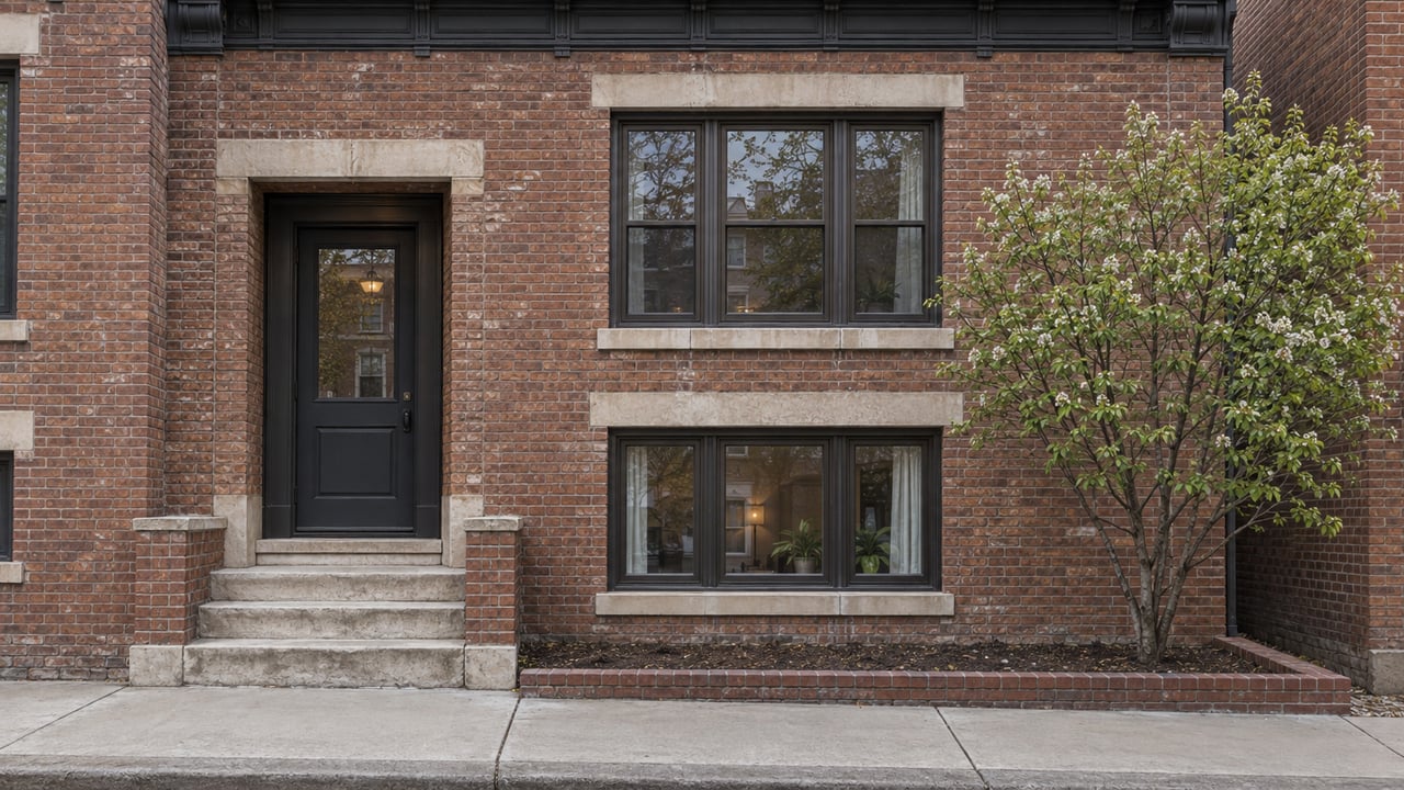 Two-story brick two-flat with a shared entrance, limestone stoop, and a pruned tree in a narrow planting bed.