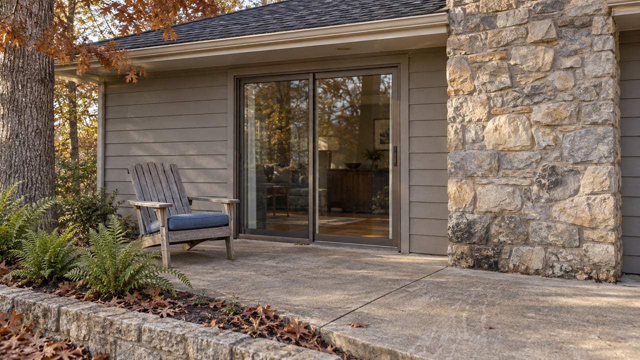 A lake home's closed sliding door and limestone chimney beside a weathered lounge chair on a concrete patio, with oak leaves and evergreen ferns.