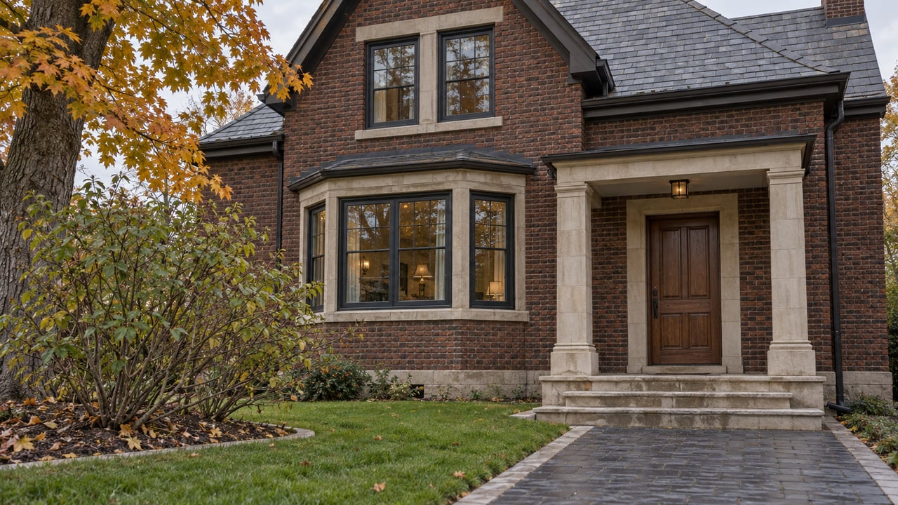 An autumn garden approach to a brick home with limestone steps, a walnut door and dark-framed bay windows.