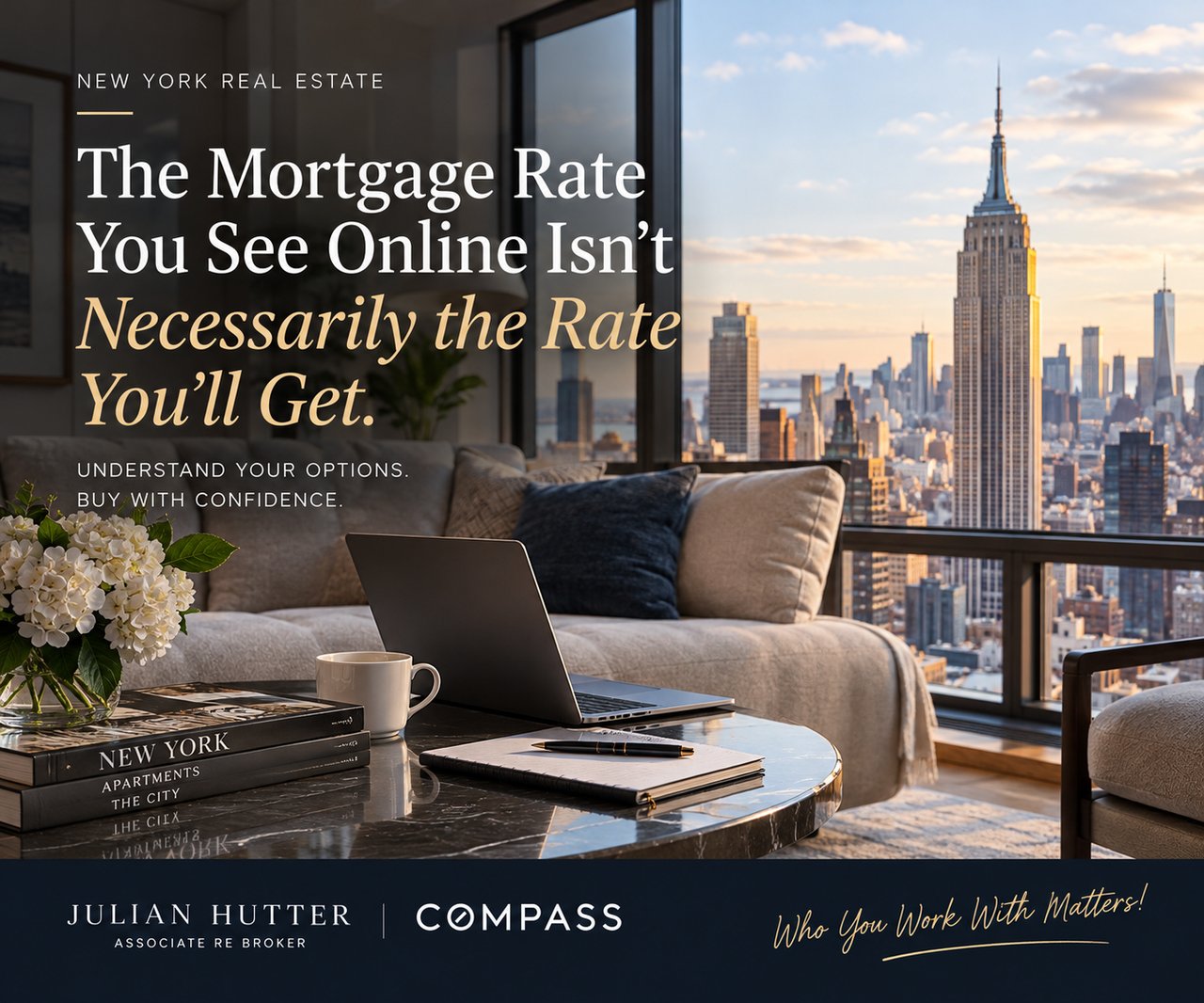 Mortgage-rate blog graphic over a Manhattan living room and skyline, with Julian Hutter and Compass branding.