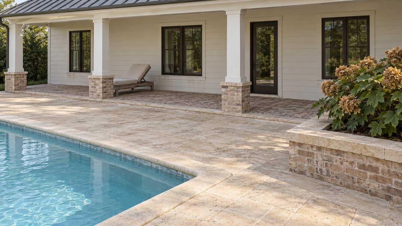 An ivory timber-sided home with a shaded brick porch, limestone pool terrace, teak lounge, and oakleaf hydrangea in a raised planter.