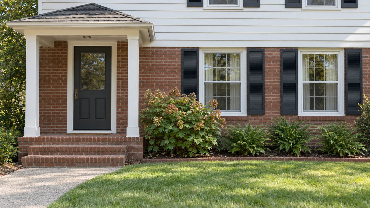 White-sided house with red brick lower walls, a covered charcoal entry door, paired black shutters and a brick stoop beside an oakleaf hydrangea.