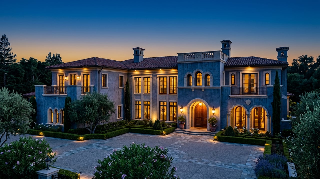 Mediterranean estate facade glows at dusk above a travertine motor court, flanked by royal palms.