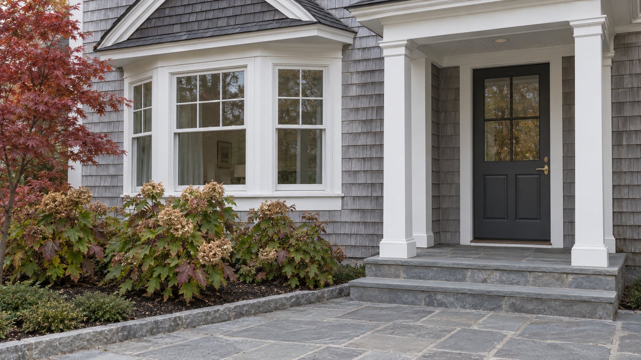 Gray shingle-sided home with a black front door, white-columned porch, stone steps, and autumn foliage.