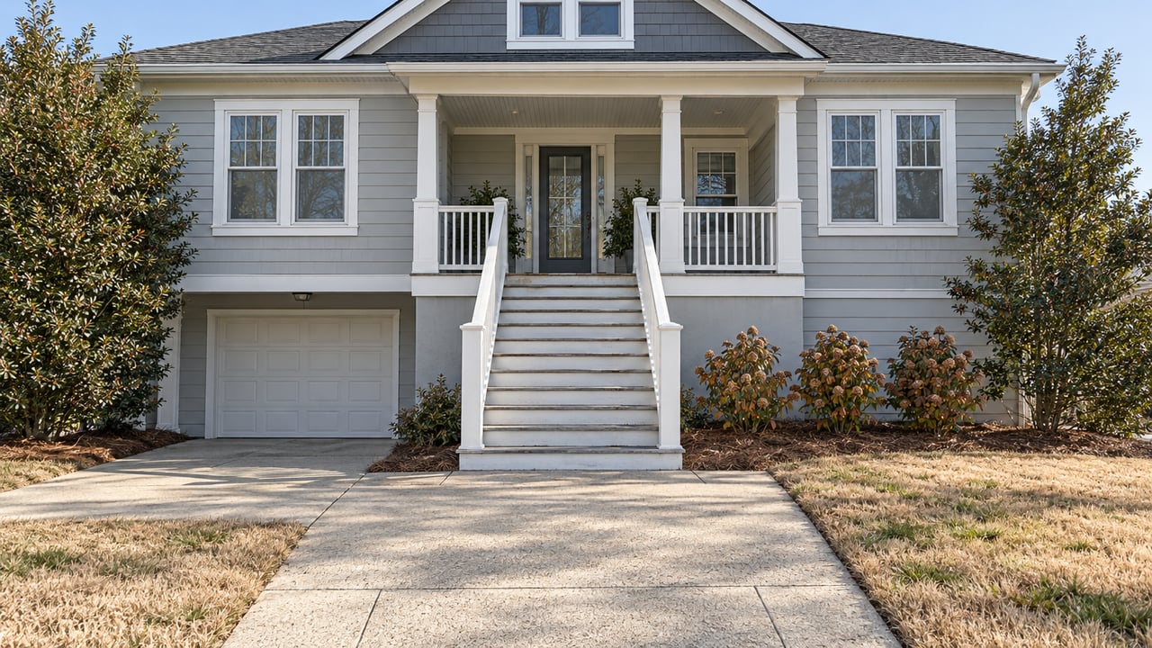 Pale gray elevated home with a gabled roof, covered porch, weathered entry steps and a neatly edged front approach in autumn daylight.