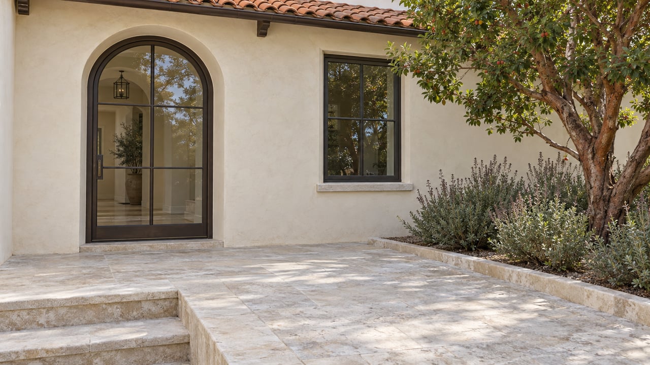 Cream stucco home with an arched bronze-framed glass entry, weathered clay roof tiles and limestone steps beside a strawberry tree and sage planting.