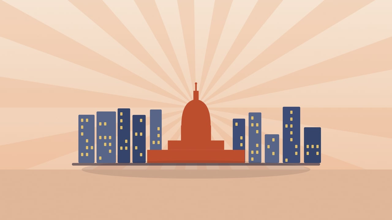 Illustration of the Wisconsin State Capitol dome between rows of city buildings, with warm sunburst rays behind the skyline