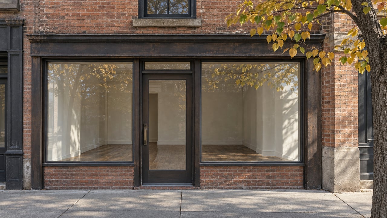 Brick storefront with dark-framed glass door and windows, pale interior, and yellowing redbud leaves overhead.