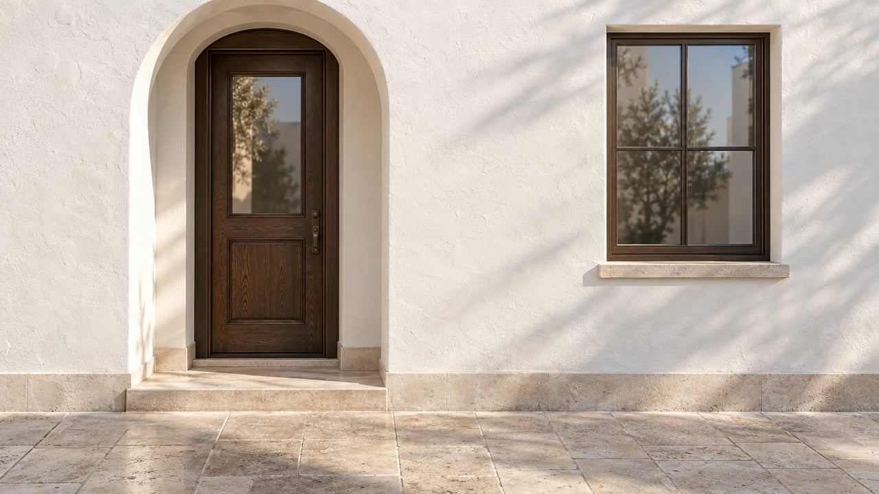Townhouse entrance with a dark oak door beneath a deep semicircular arch and a bronze-framed window.