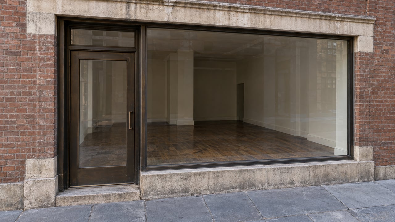 Prewar brick storefront with a recessed glass door, large display window, and raised stone threshold.