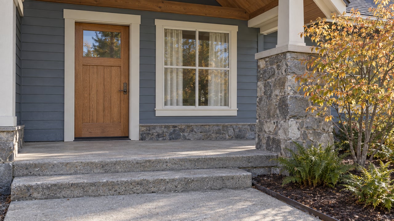 A covered home entry with a wood door, blue-gray siding, gray stone column and autumn serviceberry beside concrete steps.