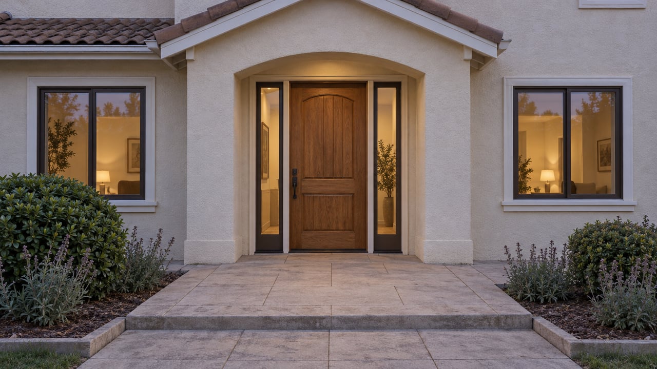 Cream stucco home entrance at dusk with a closed oak door, paired windows, pale paving and defined planted beds.